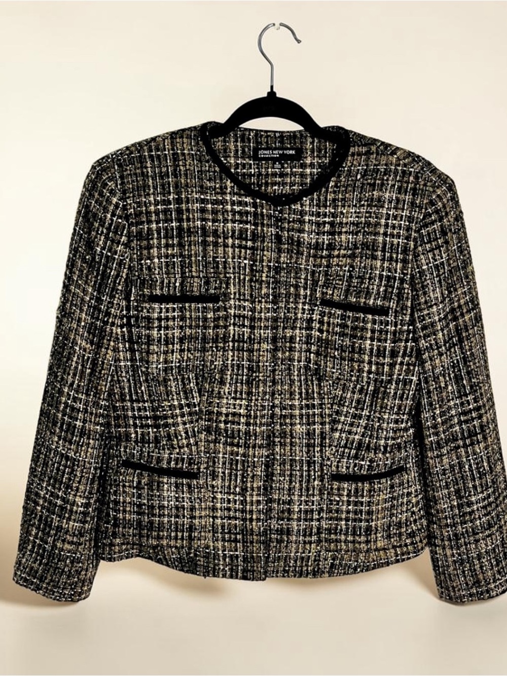 Jones New York Collection Black, Cream & Gold Tweed Classic Zip Jacket Sz 8